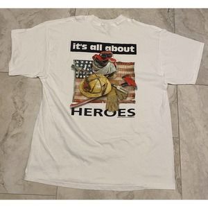 Vintage Firefighter 9/11 Its All About Heroes USA White Graphic T Shirt Size XL